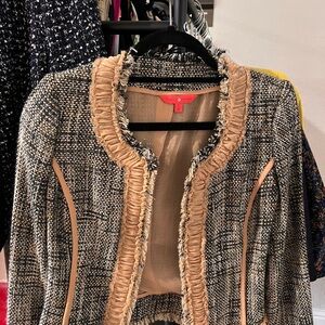 Ivanka Trump Black and Cream Tweed Blazer with Fringe